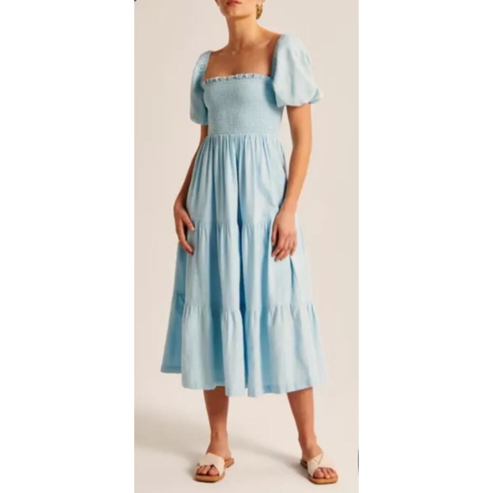 Abercrombie & Fitch light blue linen blend smocked midi dress